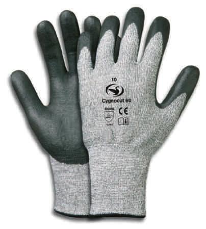 Feinstrick-Schnittschutz-Handschuhe Sicher UND Flexibel Cygnocut 60 SCHNITTSCHUTZ STUFE 5 4 5 4 4 Feinstrick-Handschuh aus grauer Schnittschutzfaser und Nitrilschaum-Beschichtung.