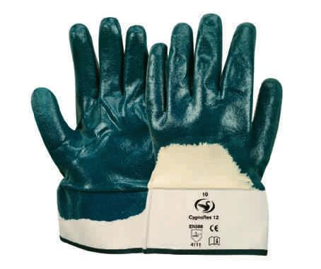 Haltbarkeit, Beständigkeit gegen Öle und Fette, flüssigkeitsabweisend Farbe: beige / blau VPE: 144 Paar 10 33Q66210010 Nitril-Handschuh mit Stulpe,