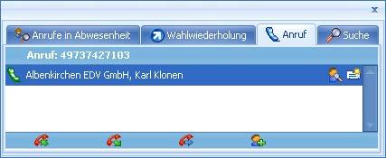 Ein- und ausgehende Anrufe verwalten Am unteren Rand des Dialoges finden sich Symbole, mit denen Sie den Anruf abbrechen, weiterleiten usw. können.