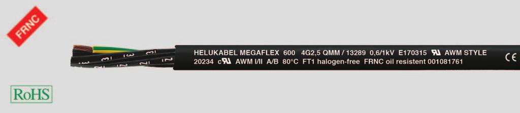 Leitungen nach internationalen Normen / Halogenfreie Steuerleitungen UL/CSA MEGAFLEX 600 halogenfrei, flammwidrig, ölbeständig, UVbeständig, flexibel, metermarkiert halogenfreie, flexible