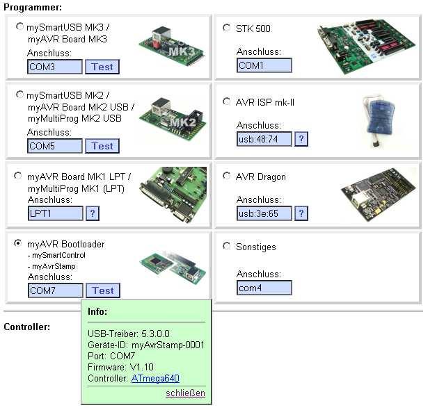 Spannungsversorgung der Stamp / inclusive power supply for the stamp myavr Stamp PLUS JTAG ISP6 Nach Aufforderung RESET Taster betätigen / Pull off the reset pin after request myavr Stamp PLUS mit