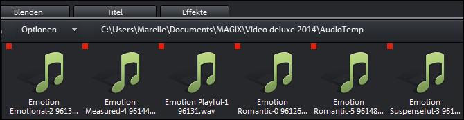 Kapitel 8: Die Assistenten von MAGIX Video deluxe 2014 MAGIX Video deluxe 2014 erstellt nun aus jeder Emotion eine eigene WAV-Datei und speichert diese im Ordner Audio Temp des aktuellen Filmordners