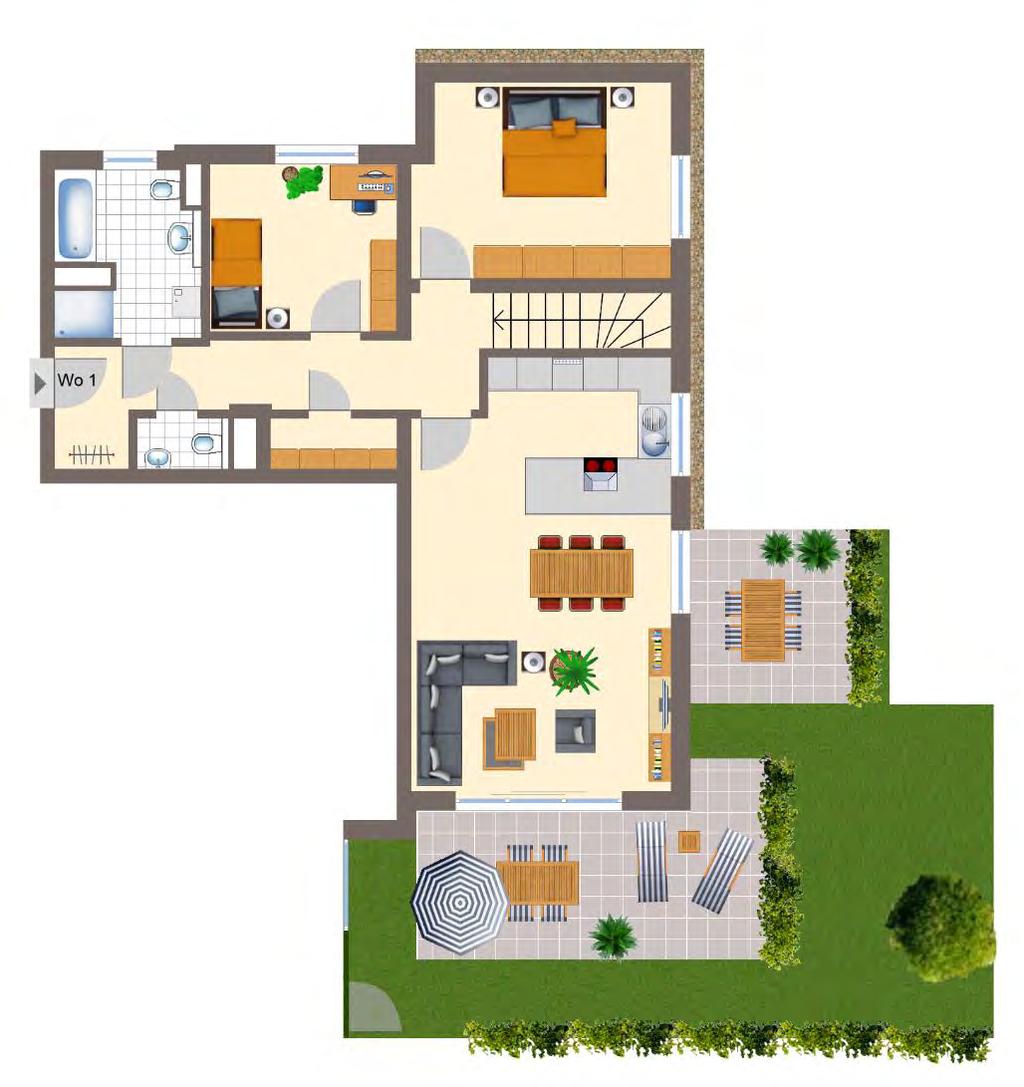 Wohnflächenberechnungen und Grundrisse: Wohnung 1 EG 4 Zimmer: Wohnen/Kochen ca. 33,12 m² Eltern ca.