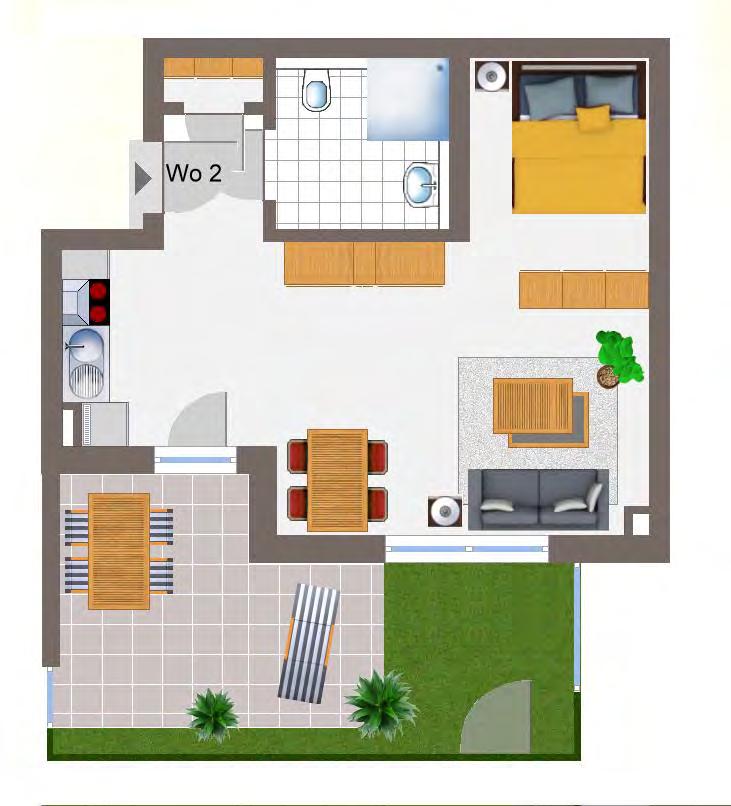 Wohnung 2 EG 1 Zimmer: Wohnen/Kochen/Schlafen Dusche/WC ca. 32,20 m² ca. 4,75 m² Abst. ca. 0,71 m² Terrasse ca.