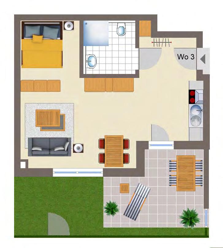 Wohnung 3 EG 1 Zimmer: Wohnen/Kochen/Schlafen Dusche/WC ca. 34,89 m² ca. 4,80 m² Abst. ca. 0,71 m² Terrasse ca.