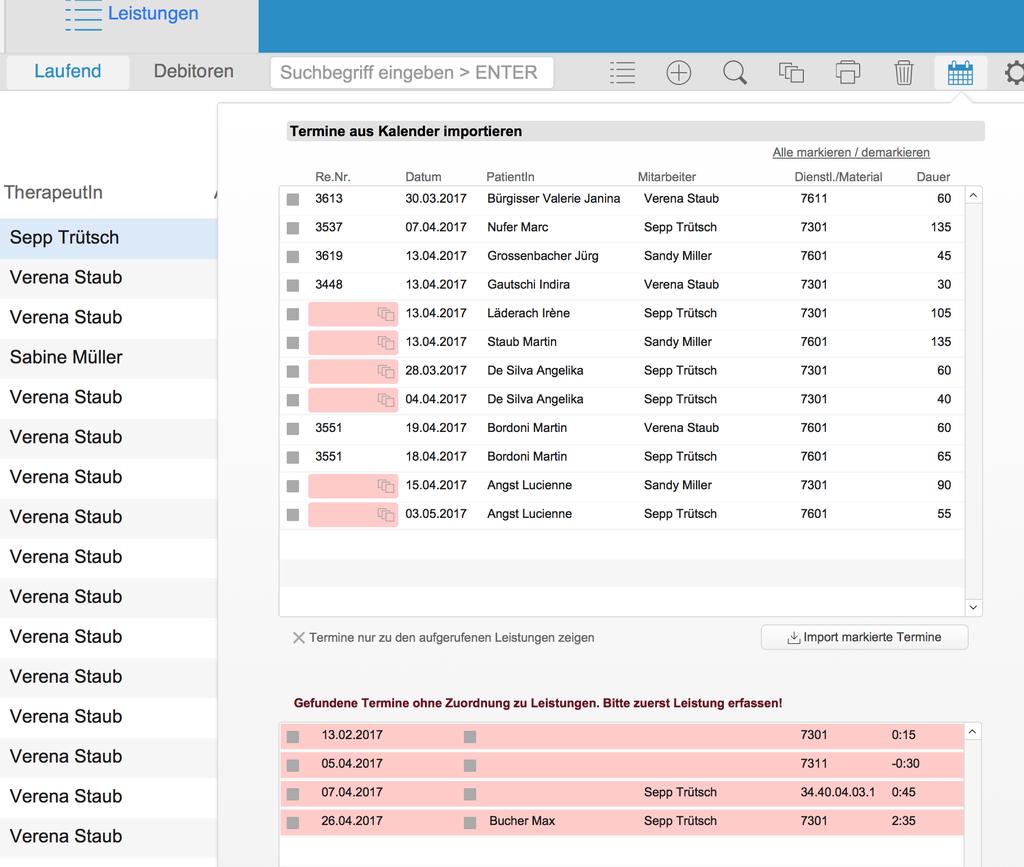 2. Übernahme in eine Selektion von laufenden Leistungen Falls Sie alle erbrachten Termine in einem Arbeitsschritt in die entsprechenden Leistungen importieren möchten, bietet sich die Option in den