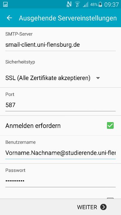 POP3-Server: smail-client.uni-flensburg.de Sicherheitstyp: SSL(Alle Zertifikate akzeptieren) Port: 995 E-Mail vom Server löschen, wenn aus Eingang gelöscht.