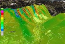 BERICHTE 08/09 106 Ergebnisse In dieser 3D-Darstellung sind die Unterschiede in der Schneemächtigkeit der abgewehten Rücken verglichen mit den eingefrachteten Rinnen gut ersichtlich (Satellitendaten: