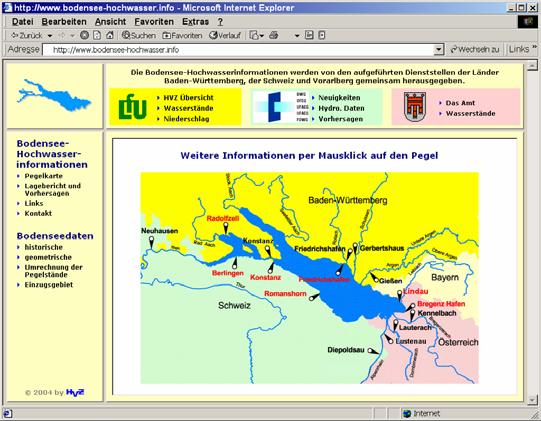 Gemeinsame Verbreitung von Hochwasser-Informationen für den Bodensee Da dem Internet eine zentrale Rolle bei der Verbreitung von Hochwasser- Informationen zukommt, wurde unter der Adresse www.