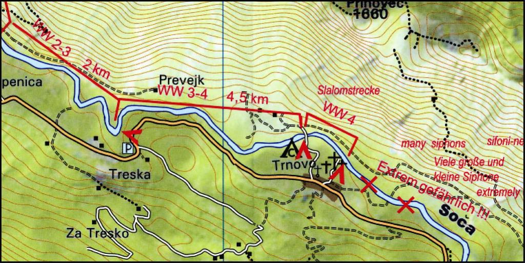 Soca Bild- und Erlebniskarte 1:50.000, ohne Jahresangabe, gekauft 2007 Diese Karte der Soca in Slowenien aus dem Pollner Verlag zeigt den Flussverlauf von der Quelle bei Trenta bis Most na Soci.