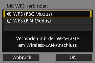 Herstellen einer WLAN-Verbindung mit WPS (PBC-Modus) 112 6 7 8 Wählen Sie [WPS (PBC-Modus)]. Wählen Sie [OK], und drücken Sie <0>, um zum nächsten Bildschirm zu wechseln.