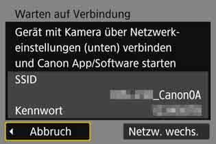 Herstellen einer WLAN-Verbindung Vorgehen auf der Kamera 1 1 2 3 Wählen Sie [WLAN-Funktion]. Wählen Sie auf dem Bildschirm [Wireless-Kommunikationseinst.