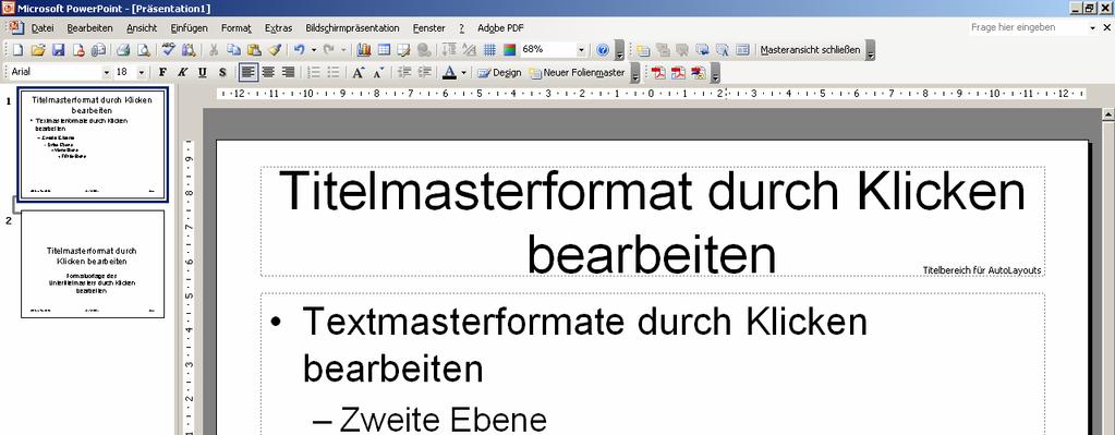Erste Schritte S. 6 Folie Titel Folienmaster Titel- und Folienmaster sind miteinander verbunden (erkennbar an der Linie zwischen den beiden Mastern im Navigationsbereich).