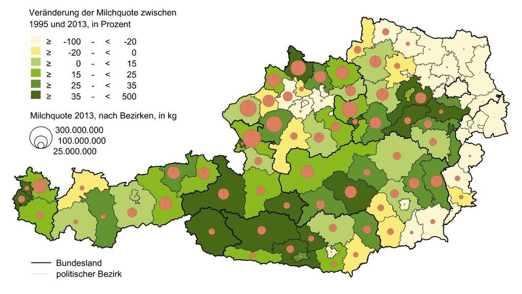 Veränderung der Milchquoten in Österreich nach politischen Bezirken von 1995 bis 2013 Quote vom Osten in den Westen bzw.