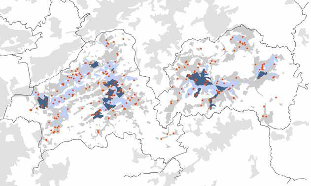 Eine Überlagerung der Ergebniskarte mit den Standorten sozialer Infrastruktur-Einrichtungen in Abbildung 21 zeigt, dass ein deutlicher Anteil der sozialen Einrichtungen in Remscheid und Solingen in