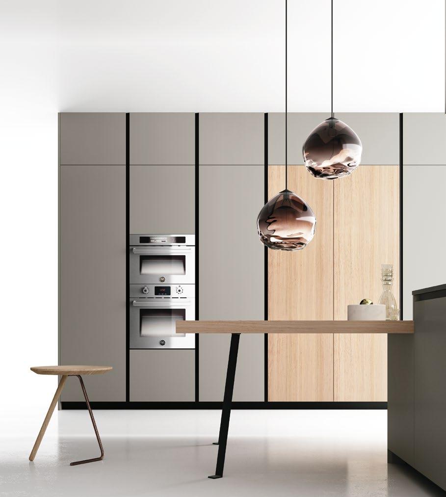 / 03 UNIONI ATTUALI: OLMO NATURALE, ACCIAIO PELTRO EFFETTO VISSUTO, INNOVATIVO FENIX NTM. Contemporary match: natural elm, pewter finished stainless steel with lived-in effect, innovative Fenix NTM.