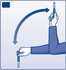 Für jede weitere Injektion, bewegen Sie den Fertigpen mindestens 10-mal zwischen den beiden Positionen auf und ab, bis die Flüssigkeit gleichmäßig weiß und trüb erscheint.