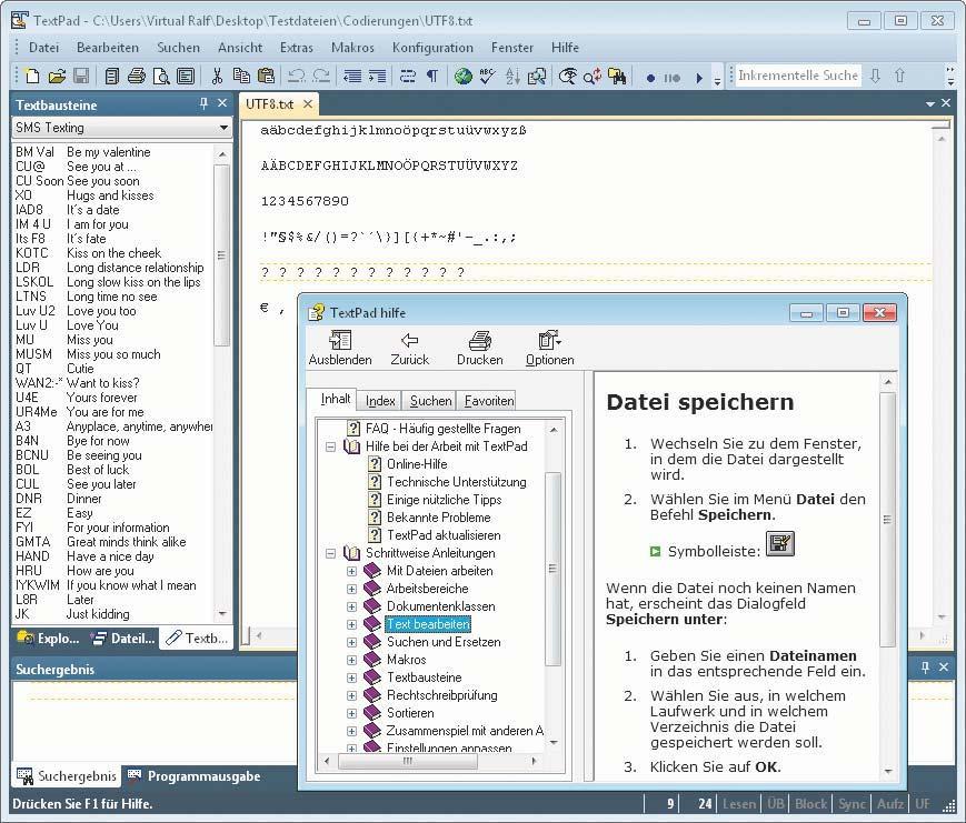 Prüfstand Texteditoren TextPad stellt einige Zeichen, die in UTF-8- Dateien vorkommen können, nicht korrekt dar, entschädigt aber mit einer umfassenden deutschsprachigen Hilfefunktion.