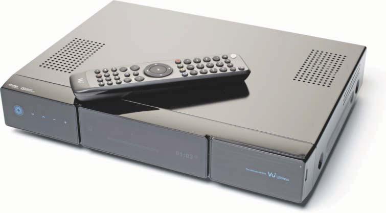 Prüfstand Kabel-TV-Recorder In der kantigen Kunststoff front des Vu+ Ultimo sind Sensortasten für Kanalwahl und Lautstärke eingelassen.
