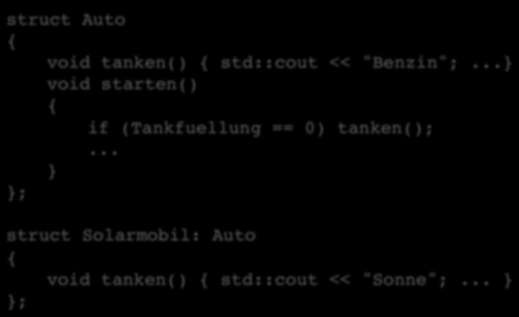 Das DelegaGon- Problem Problem: Es sei z.b. folgendes Programm gegeben: struct Auto { void tanken() { std::cout << "Benzin";.