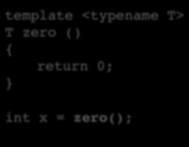 Implizit: Problem 2 Bei folgendem Beispiel funkgoniert eine implizite BesGmmung des Template- Arguments gar nicht: template <typename T> T zero