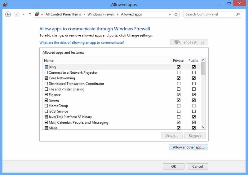 3 Wählen Sie Turn Windows Firewall on or off. 4 Wählen Sie Allow another app... 4 Wählen Sie Turn off Windows Firewall.