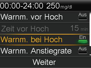 Beispiel: Ihr Grenzwert Hoch ist auf 200 mg/dl (11,1 mmol/l) eingestellt und Sie haben Zeit vor Hoch auf 20 Minuten programmiert.