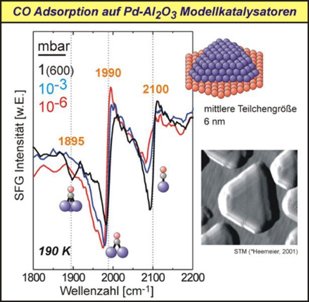 CO-Adsorption auf ca. 6 nm großen Pd Teilchen auf Al2O3. Zusätzlich zu den auf Pd(111) beobachteten Spezies tritt an Kanten- und Stufenplätze der Partikeln gebundenes CO auf (~1990 cm -1).