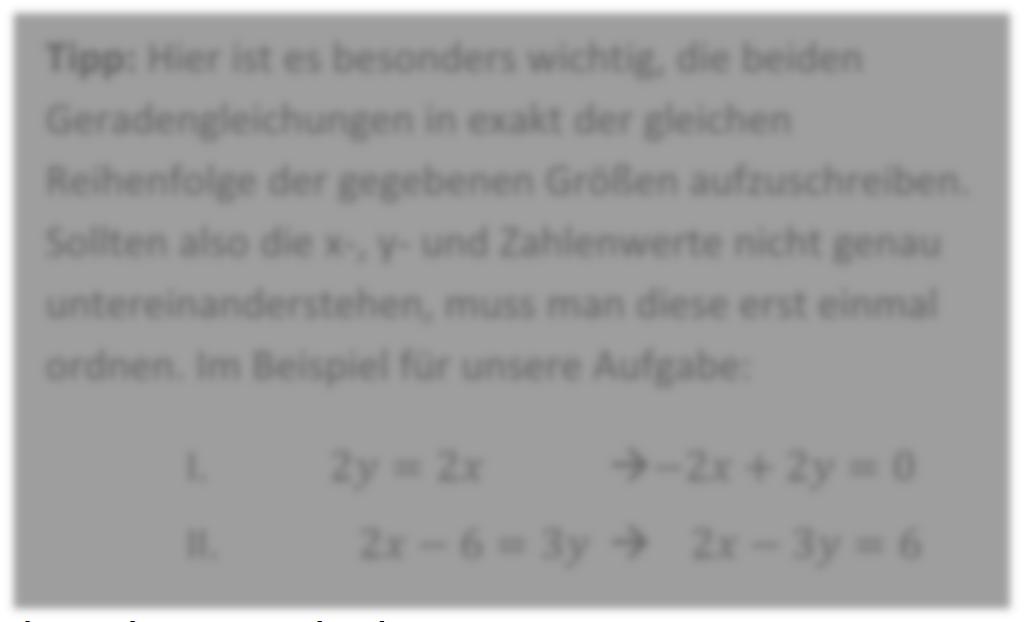 3. Additionsverfahren (Subtraktionsverfahren): Hier sind wieder zwei Gleichungen gegeben, bei denen x oder y den gleichen Faktor haben.