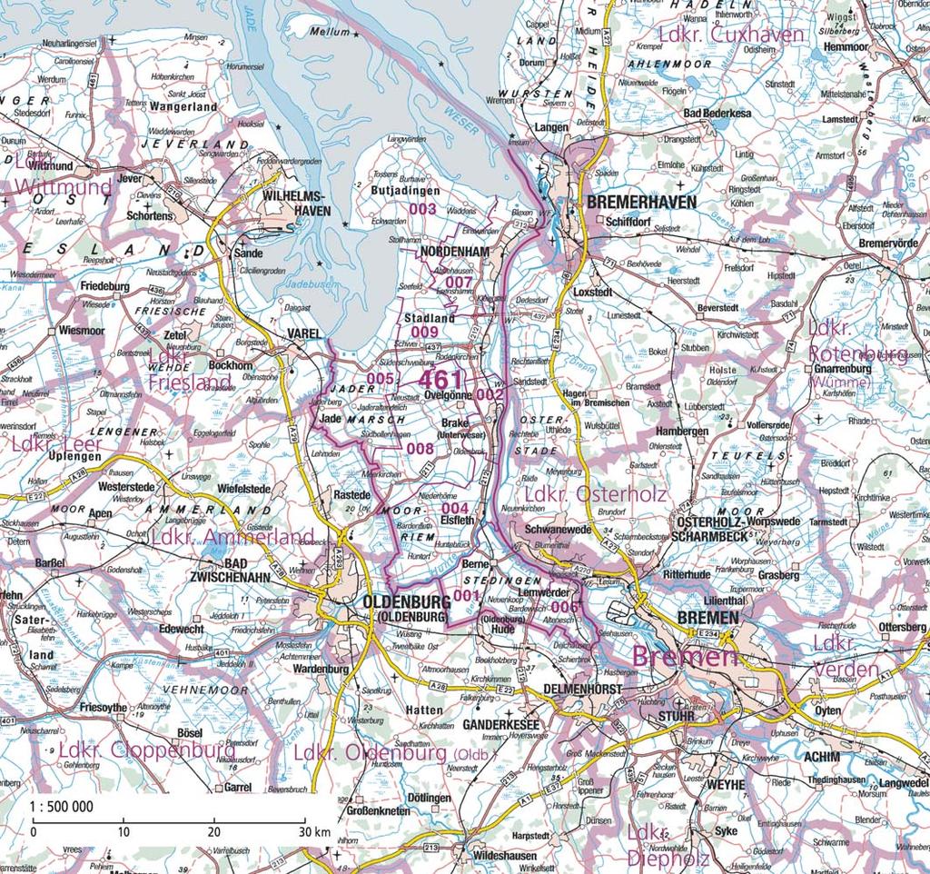 Übersicht und Gebietsentwicklung Der Landkreis Wesermarsch gehört mit einer Fläche von 821,90 km² und vor allem einer Bevölkerungszahl von 94 075 Einwohnern (Stand: Ende 2004) zu den kleinsten