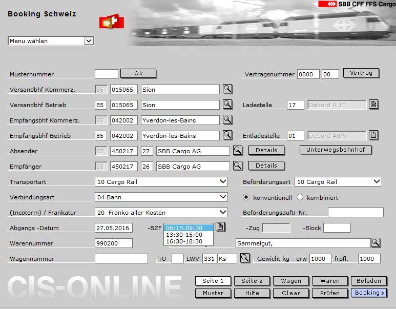 CIS-online Seite 7/67 4. Das gewünschte Datum und das Bedienzeitfenster (BZF) erfassen Bemerkungen: Falls der Wagentyp bzw.