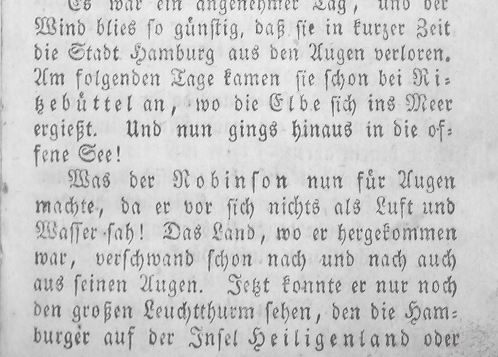 1 pav. CaRob 27: puslapis su vietovardžiais: Hamburg, Ritʒebüttel, Elbe, Inſel Heiligenland; Mičigano universiteto biblioteka, specialiųjų rinkinių skyrius: PT1832.C8 R7 1816 toti.