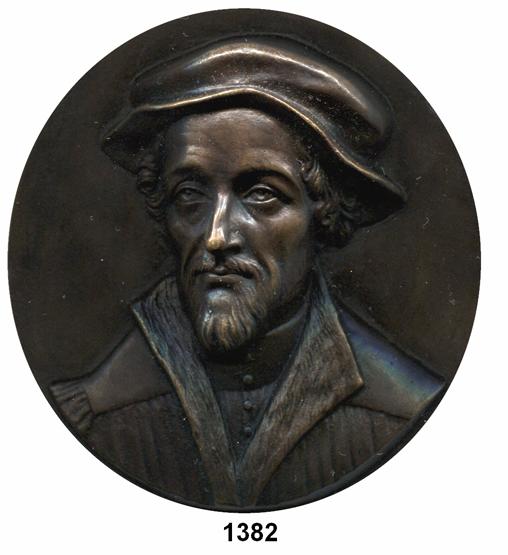 125 1382 Melanchthon, Philipp Bronzegußrelief o.j. Brustbild von vorn links / Namenszug am Rand. 87 mm. 82,53 g.