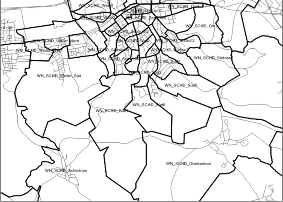 Schorndorf in 53 Verkehrsbezirke eingeteilt und die Ortsteile in 17