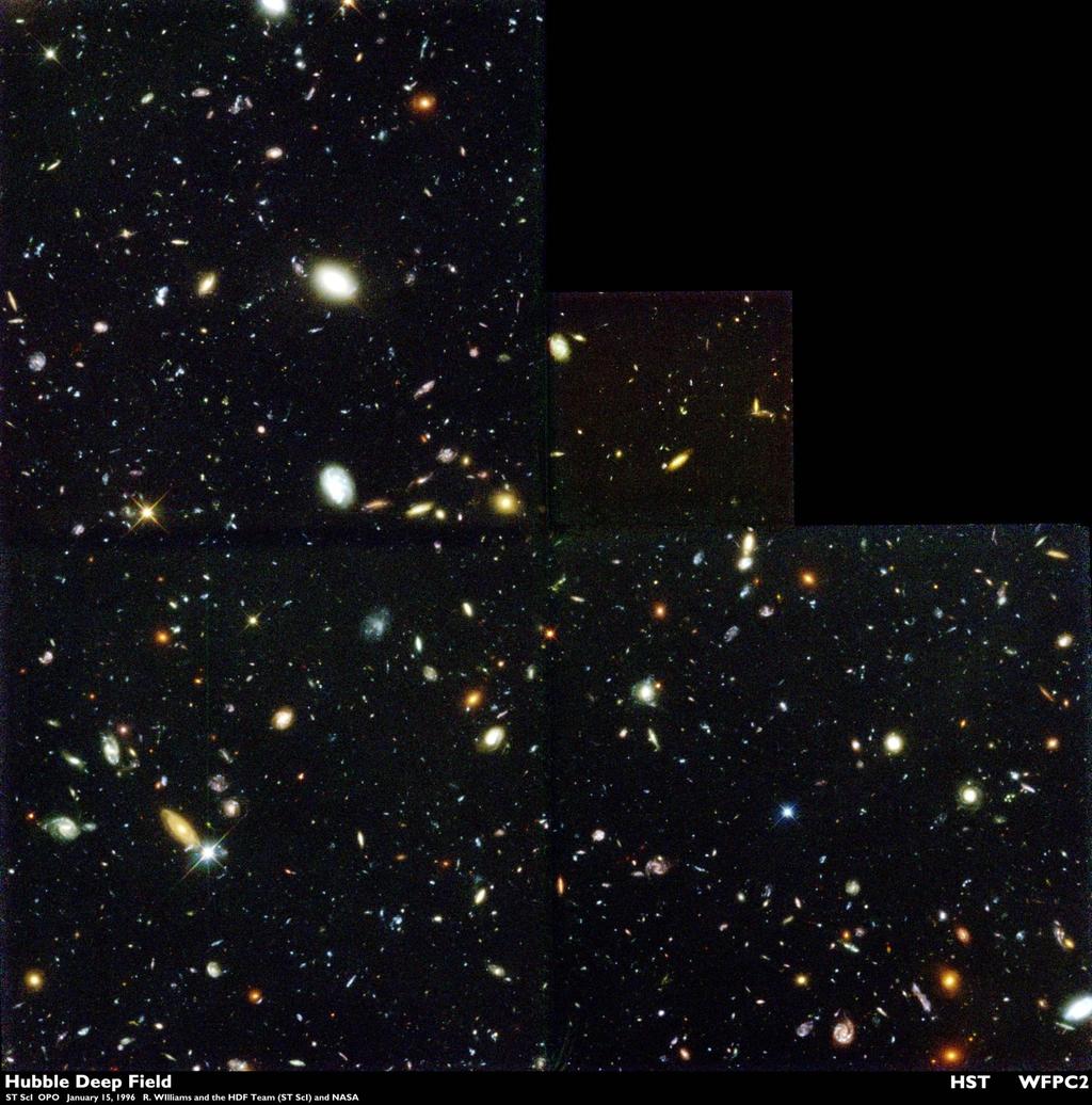 HDF Hubble Deep Field HDF war 1995 die erste sehr tiefe Beobachtung von Galaxien im frühen Universum Feld: 2.5 x 2.