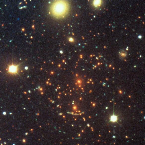 b) Modellierung der Abbildung eines Objektes im Hintergrund durch Gravitations-Lichtablenkung eines Galaxien Haufens