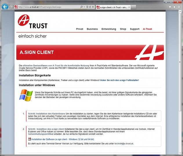 im elektr. Datenverkehr GmbH 2.2 Manuelle Installation des a.sign Client Abbildung 2: A-Trust Homepage Nach dem Start des Setup des a.