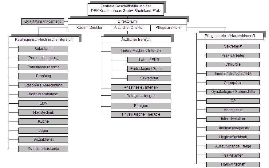 In folgendem Diagramm stellen wir Ihnen die Organisationsstruktur des Krankenhauses als Gesamtheit vor: Die Krankenhausleitung obliegt dem Krankenhausdirektorium, das sich aus dem Kaufmännischen