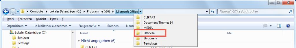 Diesmal wählen wir mit dem Pfeil hinter dem Ordner Microsoft Office, den Ordner Office14 aus (Die Zahl hinter Office kann auch eine andere sein,