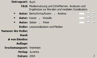 Bsp. 2: Screenshot aus Zotero einer Monografie Bertschi-Kaufmann, A., Kassis, W. & Sieber, P. (2004). Mediennutzung und Schriftlernen: Analysen und Ergebnisse zur literalen und medialen Sozialisation.