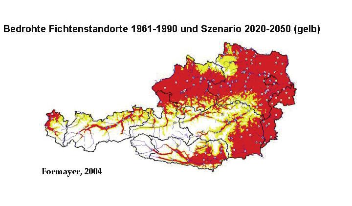 an denen dieses Kriterium in der Klimanormalperiode 1961-1990 erreicht wurde (rote Flächen) und zusätzlich die Ausweitung dieser Gebiete durch den Klimawandel innerhalb der nächsten 30 Jahre (gelbe