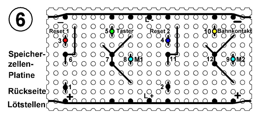 - 7-19. Setze für die Endstufen der Speicherzellen unten die Transistoren BC 558 C (PNP) ein. Sie liegen mit dem Emitter nach oben und schauen deshalb nach rechts (alle anderem nach links).