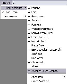 Um diese Funktionsleiste einzublenden, gehen Sie bitte wie folgt vor: Gehen Sie über das ALBIS Menü auf Ansicht Funktionsleiste und markieren Sie den Eintrag Integrierte Versorgung: Somit ist die