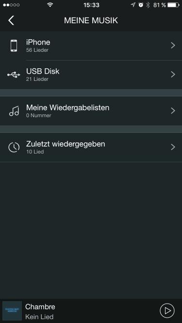 Hinweis: Die verfügbaren Musikquellen können von jedem Bildschirm der App angewählt werden, in dem Sie auf dem Bildschirm nach rechts wischen. 5.