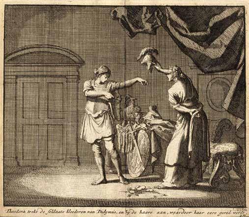 Theodora und Didymus tauschen im Bordell ihre Kleidung historischer Kupferstich Da Didymus beim Statthalter nicht durchdringt, agitiert er nun in der 2.