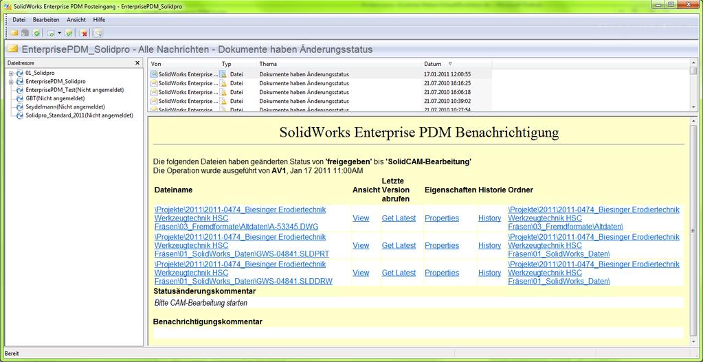 Eine weitere und schnelle Möglichkeit, das richtige SolidWorks-Modell zu finden, ist eine automatische Email an den entsprechenden Bearbeiter.