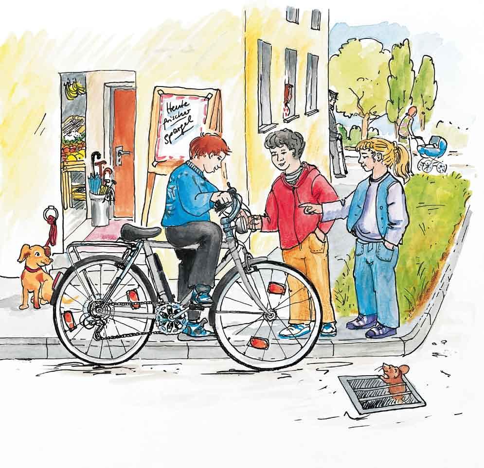 4 Das neue Fahrrad Strahlend fährt Markus auf einem silbernen Fahrrad durch die Stadt. Da sehen ihn die Zwillinge Andi und Lora. Hallo, Markus! Halt mal an!, rufen sie ihm zu. Wo kommst du her?