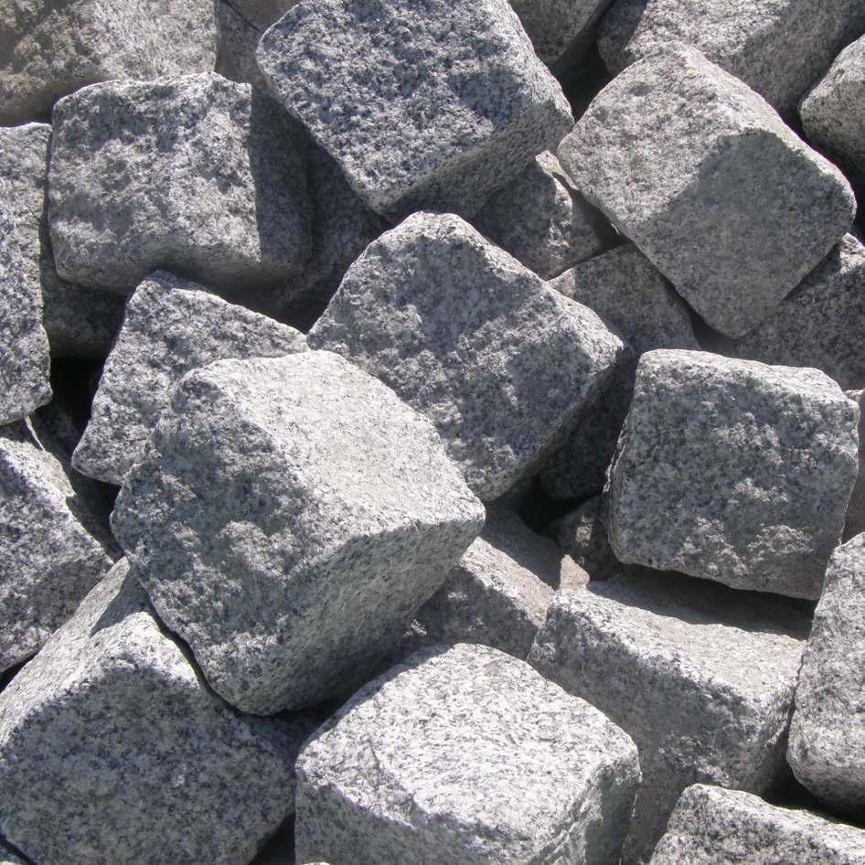 Pflastertein Granit grau 4/6, 8/10 oder 15/17 cm Herkunft Türkei allseits gespalten frostsicher feinkörnig uniformer Granit, sehr