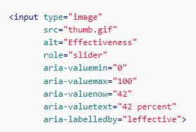 ARIA-Beispiel Slider HTML-Tag ist input Screenreader erkennt slider leffective ist ein id, von dem der Text übernommen wird.