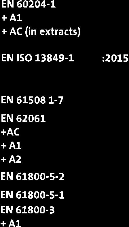 00/16 Prüfgrundlagen EN 60204 1, EN 61800 3, EN 61508 Part 1 7, EN ISO 13849 1,